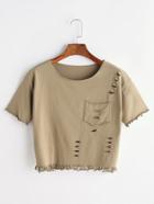 Romwe Ripped Fringe T-shirt With Pocket