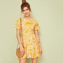 Romwe Tropical Print Ruffle Hem Tie Side Dress