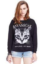 Romwe Romwe Satan Cat Print Long Sleeve Black Sweatshirt