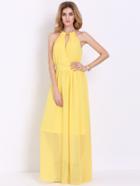 Romwe Yellow Sleeveless Halter Maxi Dress