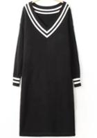 Romwe Black V Neck Long Sleeve Knit Sweater