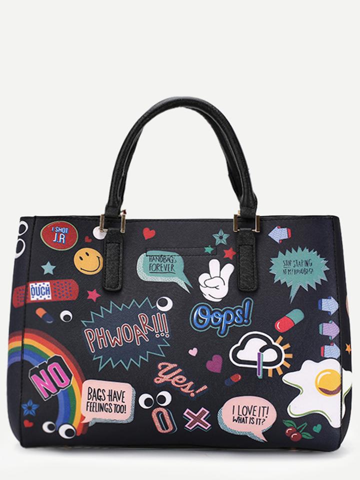 Romwe Black Pu Cartoon Print Tote Bag With Clutch