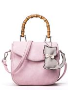 Romwe Bamboo Handle Bag With Cat Bag Charm - Pink