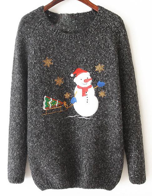Romwe Snowman Pattern Knit Grey Sweater