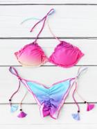 Romwe Ombre Frill Trim Side Tie Bikini Set