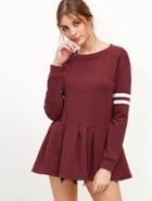 Romwe Burgundy Varsity Striped Pleated Hem Sweatshirt