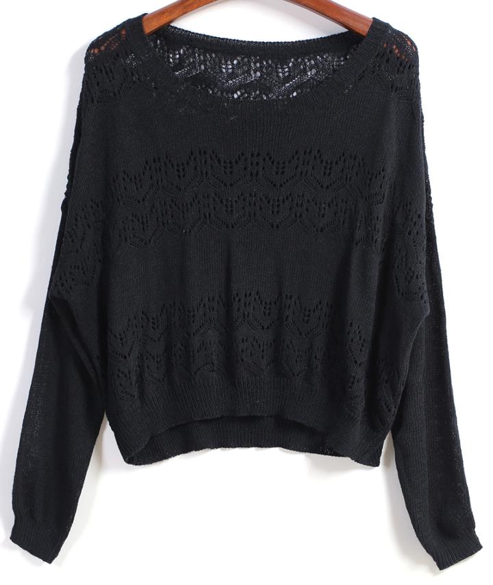 Romwe Round Neck With Hollow Loose Black Sweater