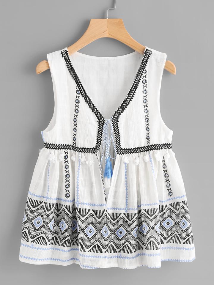 Romwe Taped Fringe Detail Open Front Tank Top