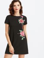 Romwe Black Flower Embroidered Short Sleeve Tee Dress