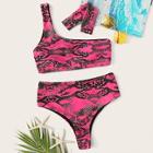Romwe Snakeskin Print One Shoulder Bikini Set With Choker