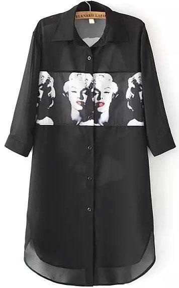 Romwe Lapel Long Sleeve Monroe Print Blouse