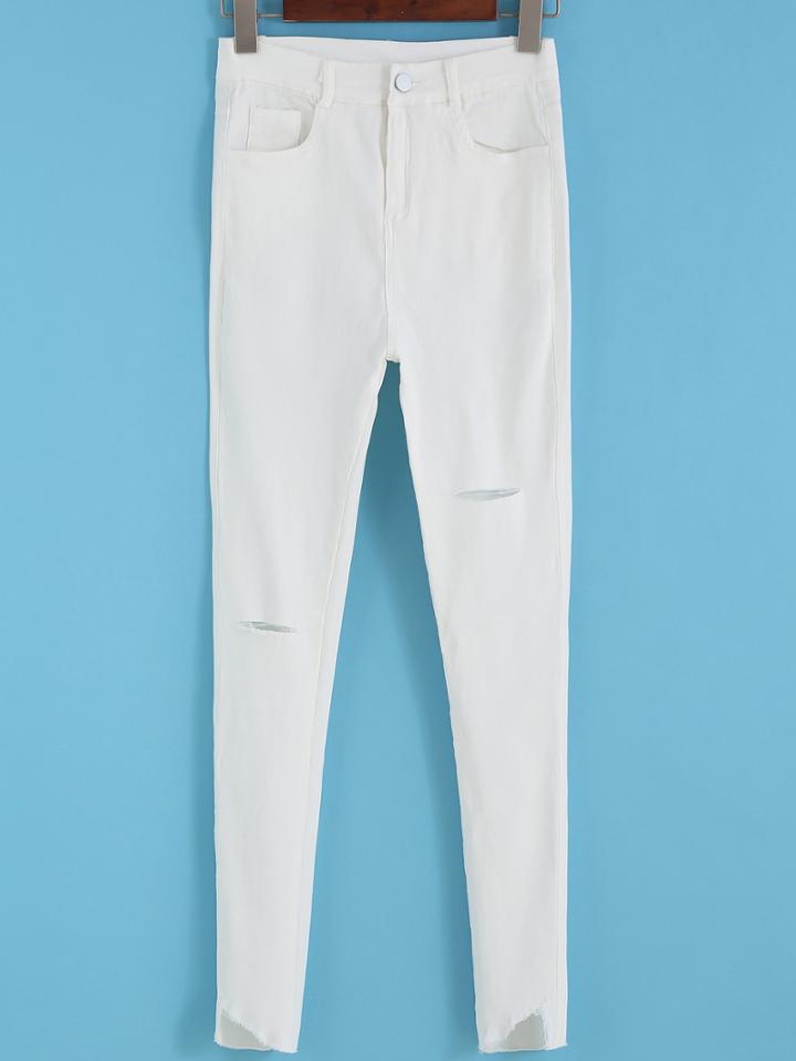 Romwe High Waist Ripped White Pant