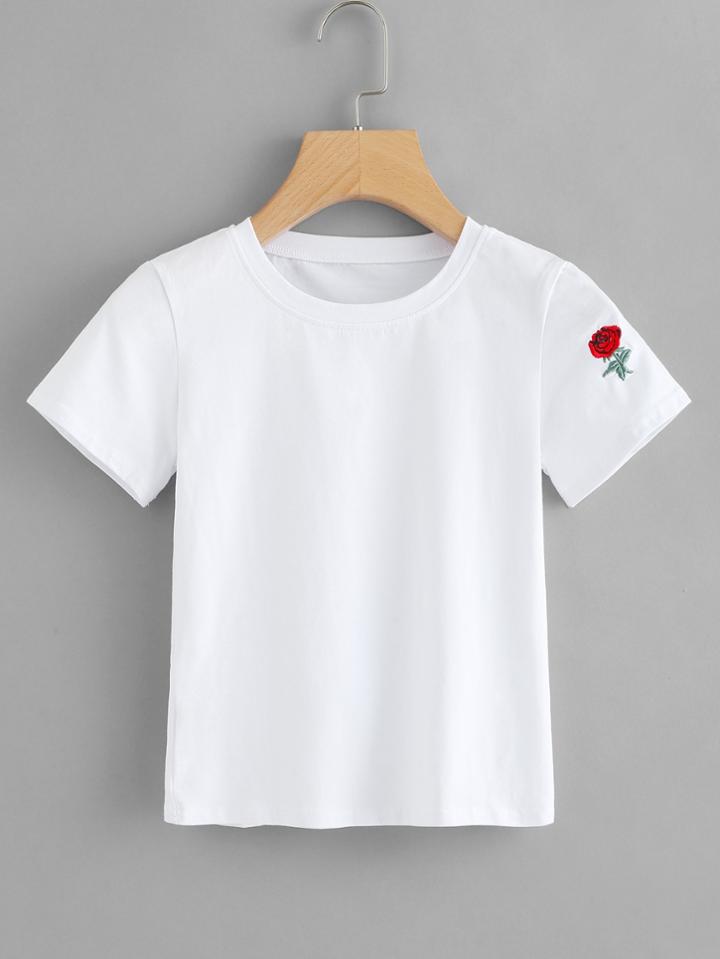 Romwe Rose Embroidered Sleeve Tee