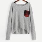 Romwe Plus Contrast Pocket Dip Hem Sweater