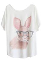 Romwe Rabbit Printed Batwing Sleeves White T-shirt