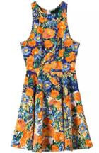 Romwe Round Neck Florals Pleated Dress