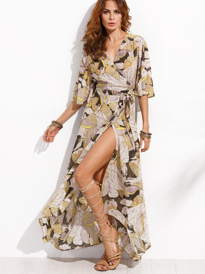 Romwe Multicolor Wrap Front Maxi Dress