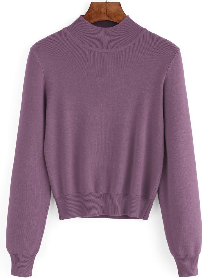 Romwe Mock Neck Crop Purple Sweater