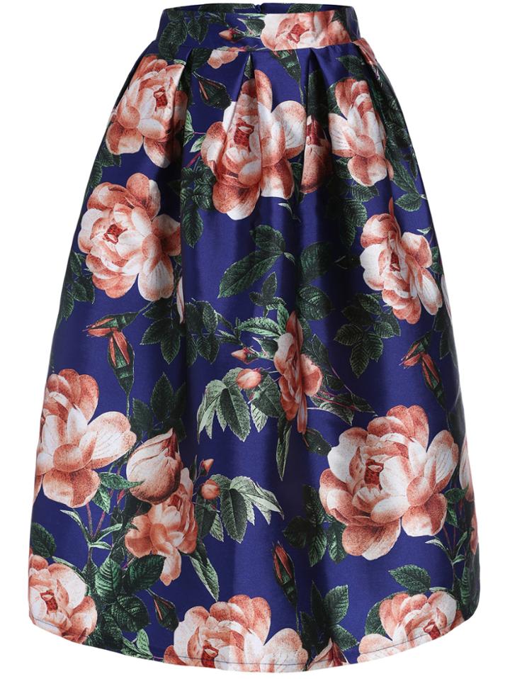 Romwe Flower Print Flare Blue Skirt
