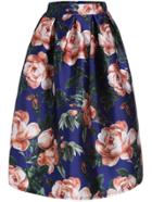 Romwe Flower Print Flare Blue Skirt