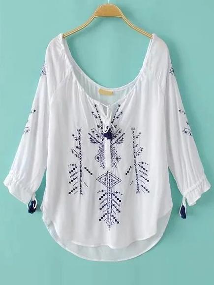 Romwe Tie Neck Embroidered Tassel Blouse