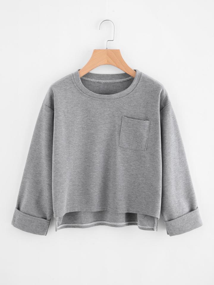 Romwe Dip Hem Chest Pocket Cuffed T-shirt