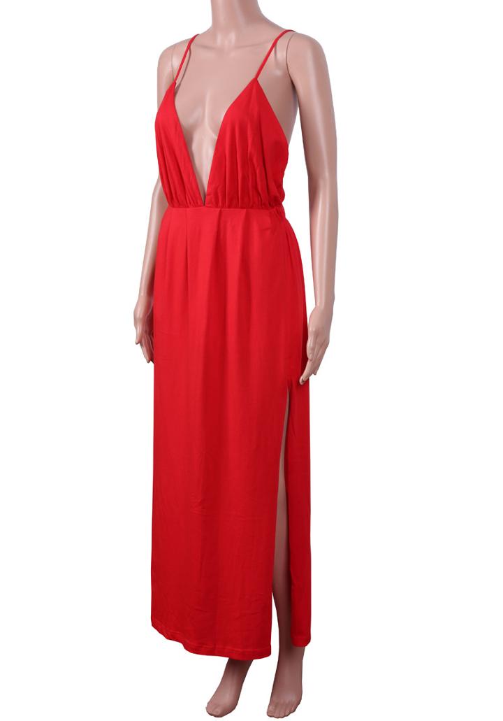 Romwe Deep Plunge Neck Backless Split Maxi Red Dress