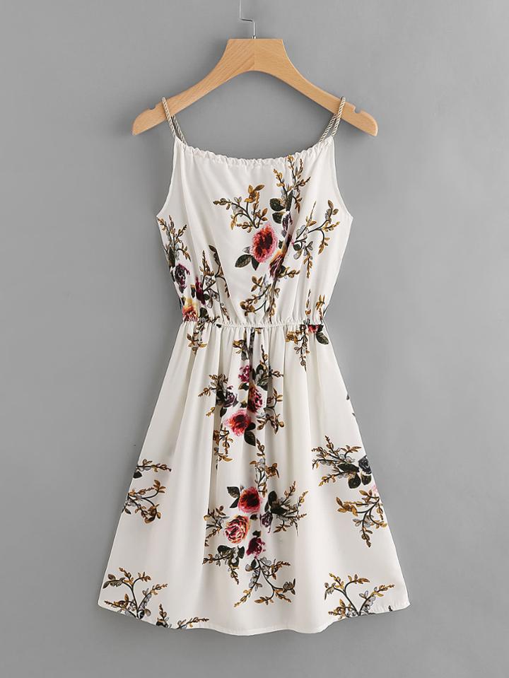 Romwe Floral Print Random Self Tie Cami Dress