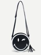 Romwe Black Smiling Face Print Tassel Trim Round Crossbody Bag