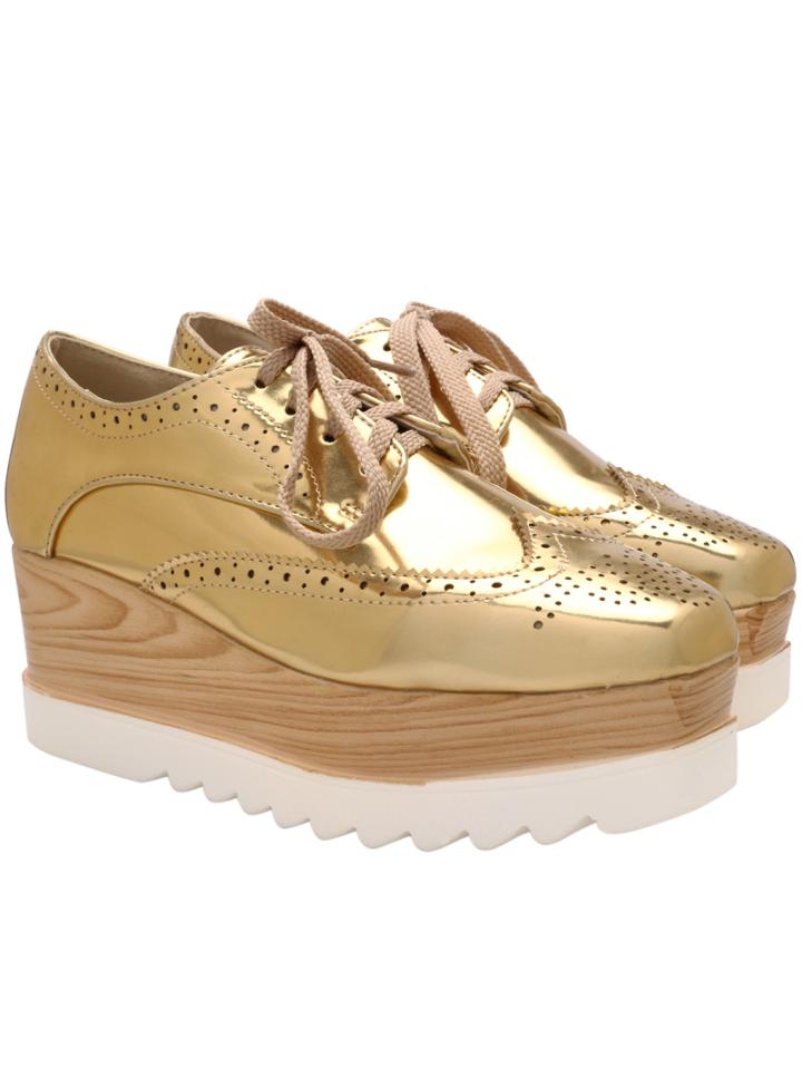 Romwe Gold Lace Up Hollow Flats