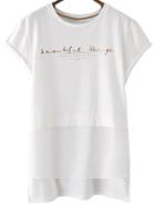 Romwe White Dip Hem Chiffon Splicing Letters Bronzing T-shirt