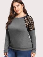 Romwe Contrast Guipure Lace Marled Pullover