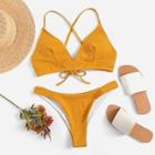 Romwe Crisscross Knot Back Textured Bikini Set
