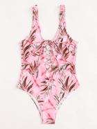 Romwe Leaf Print Lace Up Backless Swimsuit