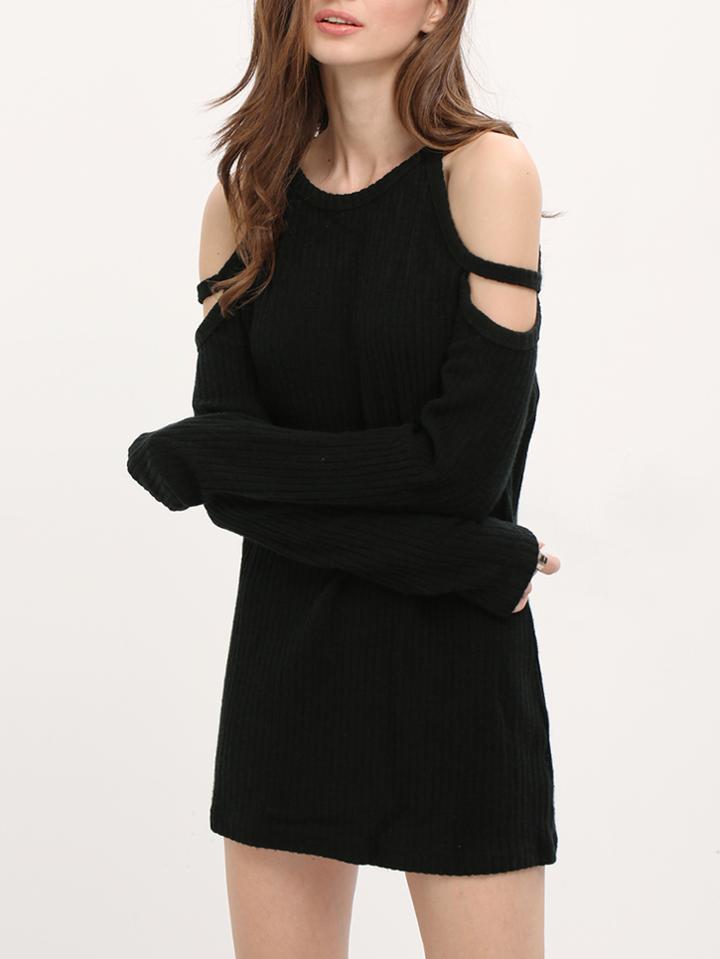 Romwe Black Round Neck Cold Shoulder Sweater