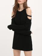 Romwe Black Round Neck Cold Shoulder Sweater