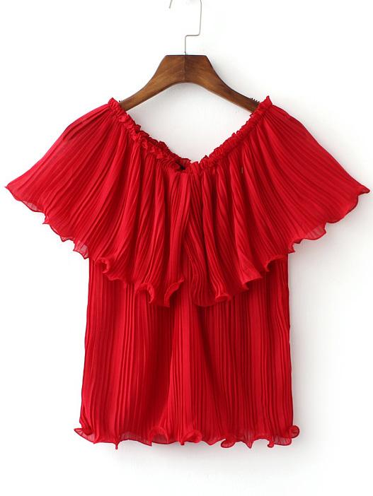 Romwe Red Convertible Chiffon Pleated Tube Blouse
