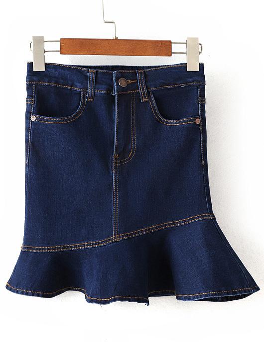 Romwe Pockets Ruffle Denim Skirt