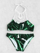 Romwe Jungle Print Crochet Detail Bikini Set