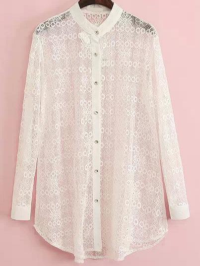 Romwe Stand Collar Dip Hem Lace White Blouse