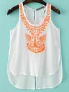 Romwe Orange Embroidery Dipped Hem Tank Top