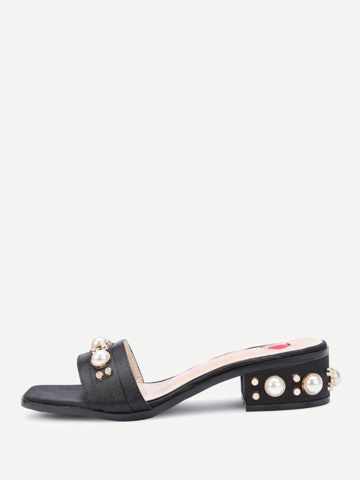 Romwe Faux Pearl Embellished Heeled Satin Mules