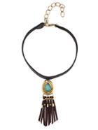 Romwe Antique Gold Turquoise Tassel Choker Necklace