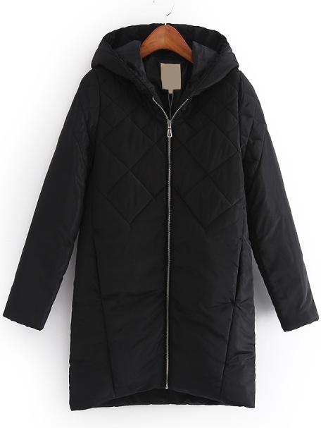 Romwe Hooded Zipper Straight Coat