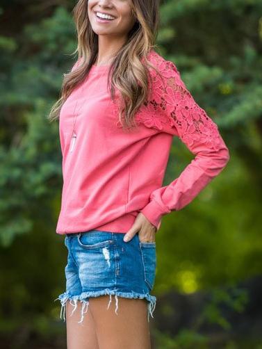 Romwe Pink Lace Embellished Shoulder Sweatshirt