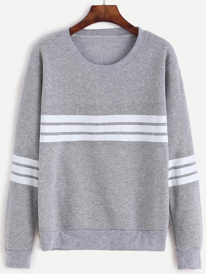 Romwe Light Grey Striped Trim Sweatshirt