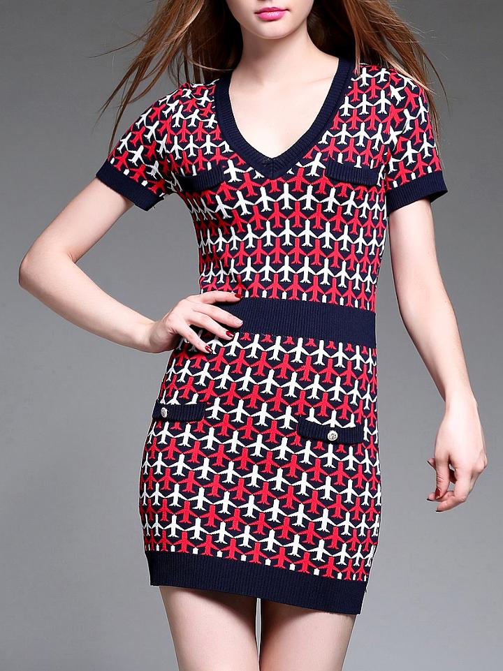 Romwe Navy V Neck Aircraft Knit Dress
