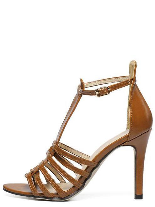 Romwe Caged T-strap Heeled Sandals - Brown