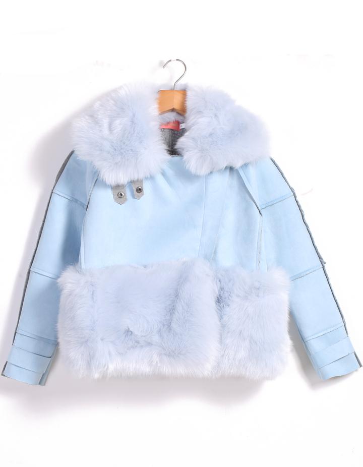 Romwe Lapel Faux Fur Crop Blue Coat