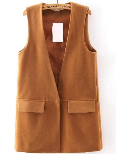 Romwe Covered Button Split Side Khaki Vest With Pockets